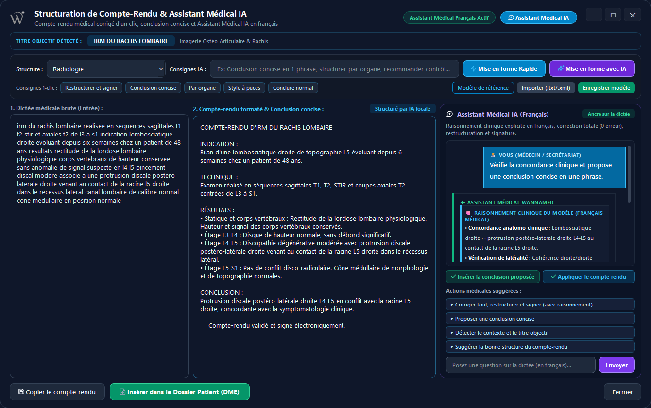 WannaMed ASR 3-pane structuring studio with raw dictation, structured report, and medical AI assistant