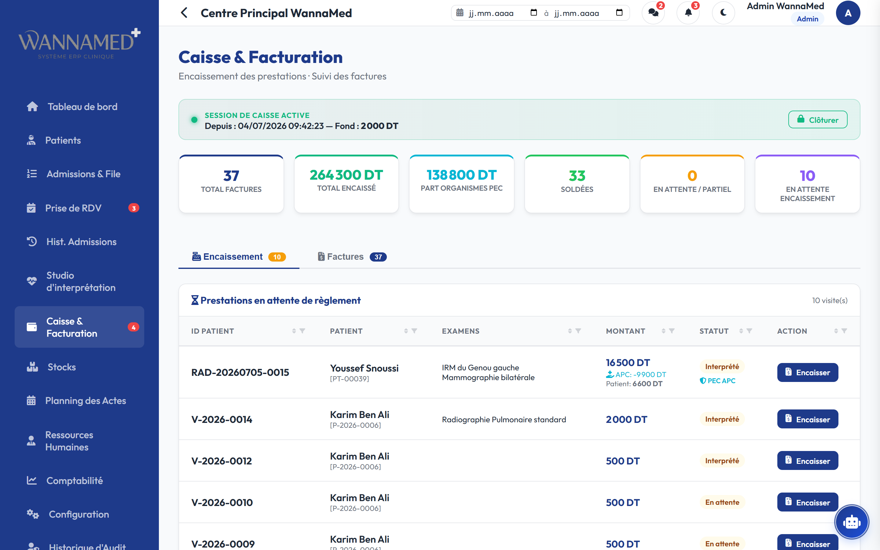 Module Caisse et Facturation avec session active, part organismes PEC et encaissements